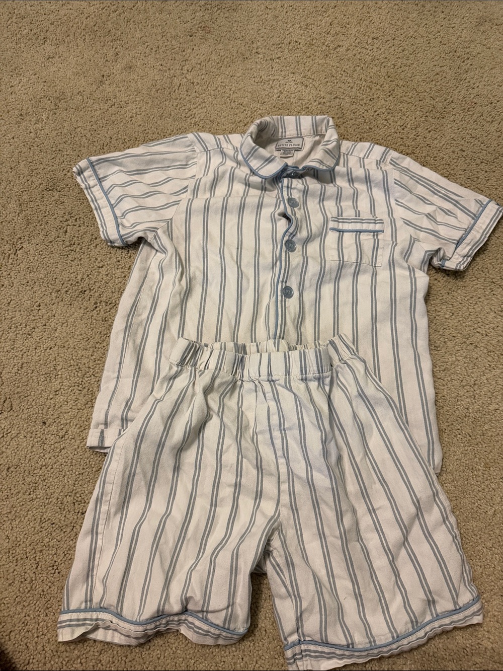 Kids Petite Plume Short-Sleeve Striped Pajama Set in White & Blue